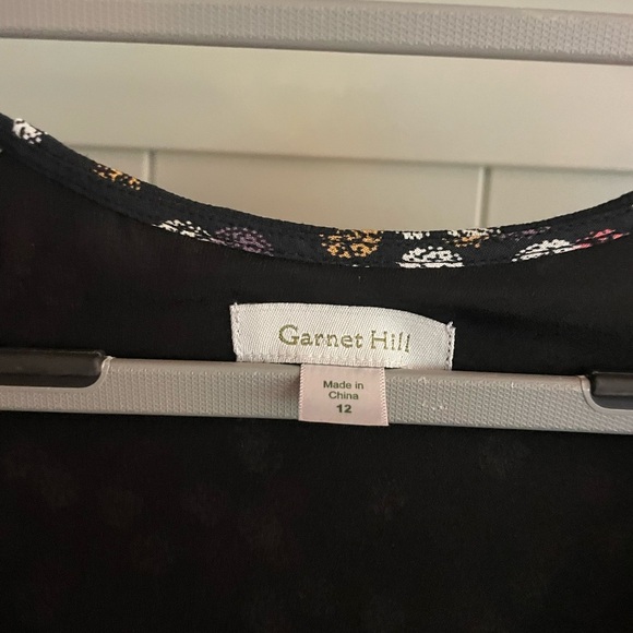 Garnet Hill Black Floral Multicolor Dot 3/4 Sleeve Dress Pockets Viscose Sz 12 - Picture 2 of 3